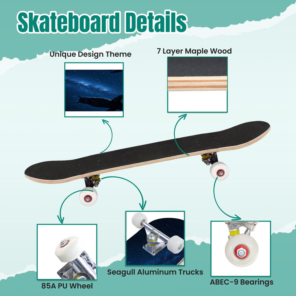 White Birch Tree Bark Natural Knots Horizontal Lines 31" x 8" Complete Skateboard, 7-Ply Canadian Maple Double Kick Trick Board for Kids and Beginners Adult Gifts