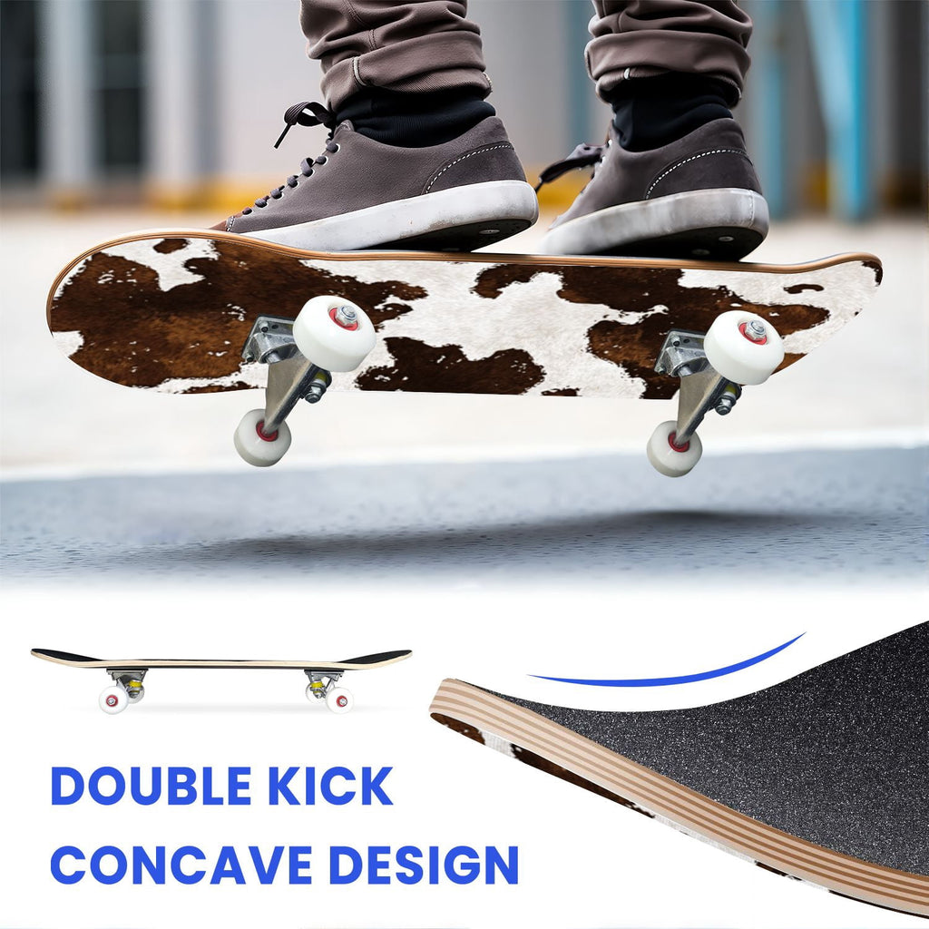31"x8" Complete Skateboards for Beginners,Leopard Print Black Brown Beige Double Kick 7 Ply Canadian Maple Deck Skateboard with Wheels, Gifts for Kids Teens
