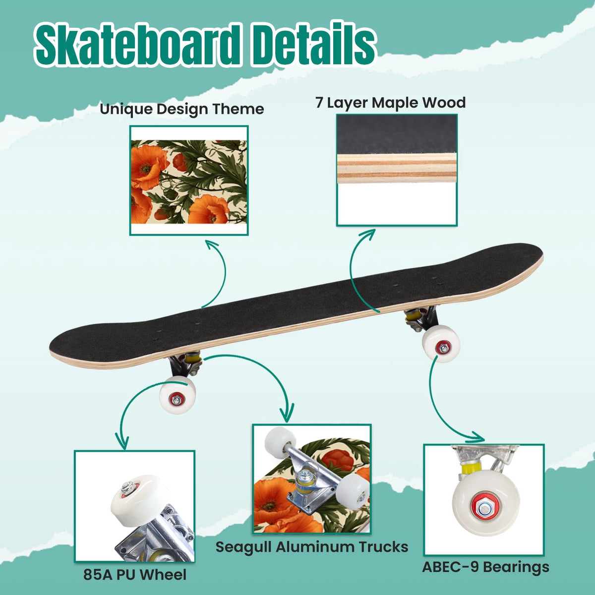Monstera Leaves Leopard Print Seamless Earth Tones 31" x 8" Complete Skateboard, 7-Ply Canadian Maple Double Kick Trick Board for Kids and Beginners Adult Gifts