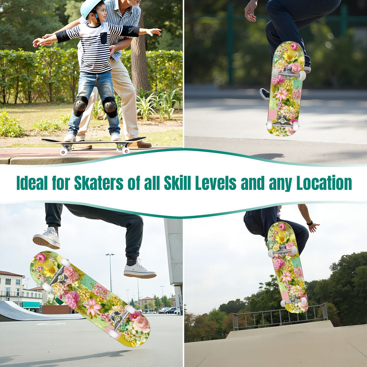 Autumn Forest Camouflage Oak Leaves Tree Branches 31" x 8" Complete Skateboard, 7-Ply Canadian Maple Double Kick Trick Board for Kids and Beginners Adult Gifts