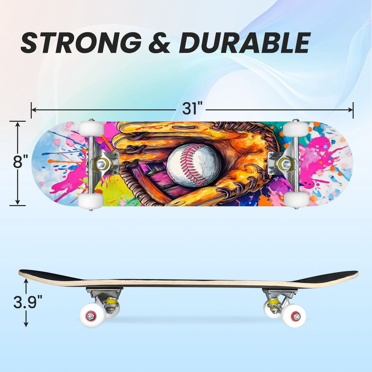 31"x8" Complete Skateboards for Beginners,Vintage Baseball Worn Red Stitches Rustic Double Kick 7 Ply Canadian Maple Deck Skateboard with Wheels, Sports Gifts for Kids Teens