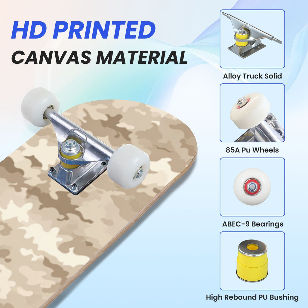31"x8" Complete Skateboards for Beginners,Desert Camouflage Beige Tan Cream Organic Abstract Shapes Double Kick 7 Ply Canadian Maple Deck Skateboard with Wheels, Gifts for Kids Teens