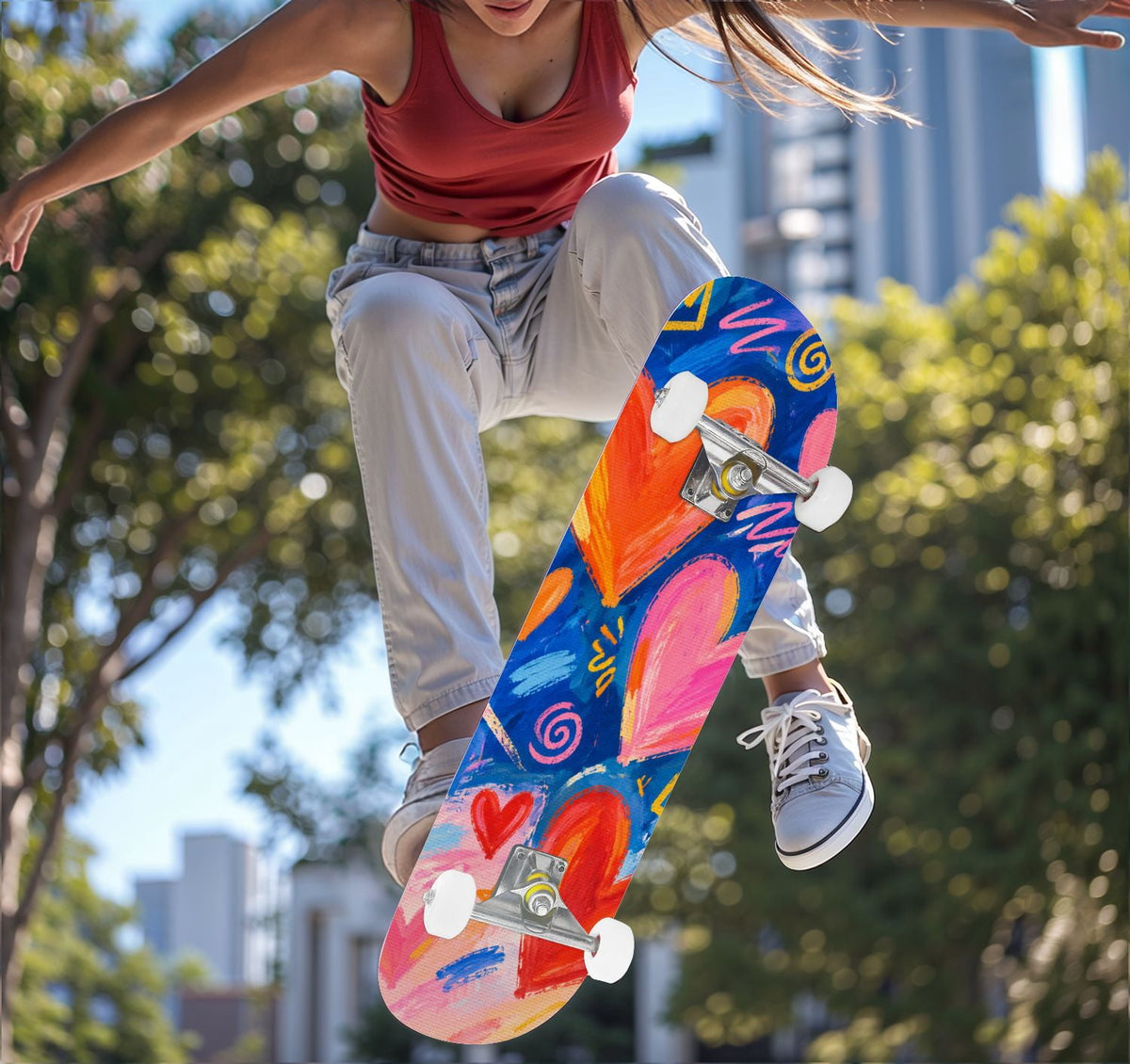 Complete Skateboard Colorful Hearts 31 Inch 7-Ply Maple Skateboard with PU Wheels and Aluminum Trucks, Ready-to-Ride Skateboard for Beginners, Teens and Adults