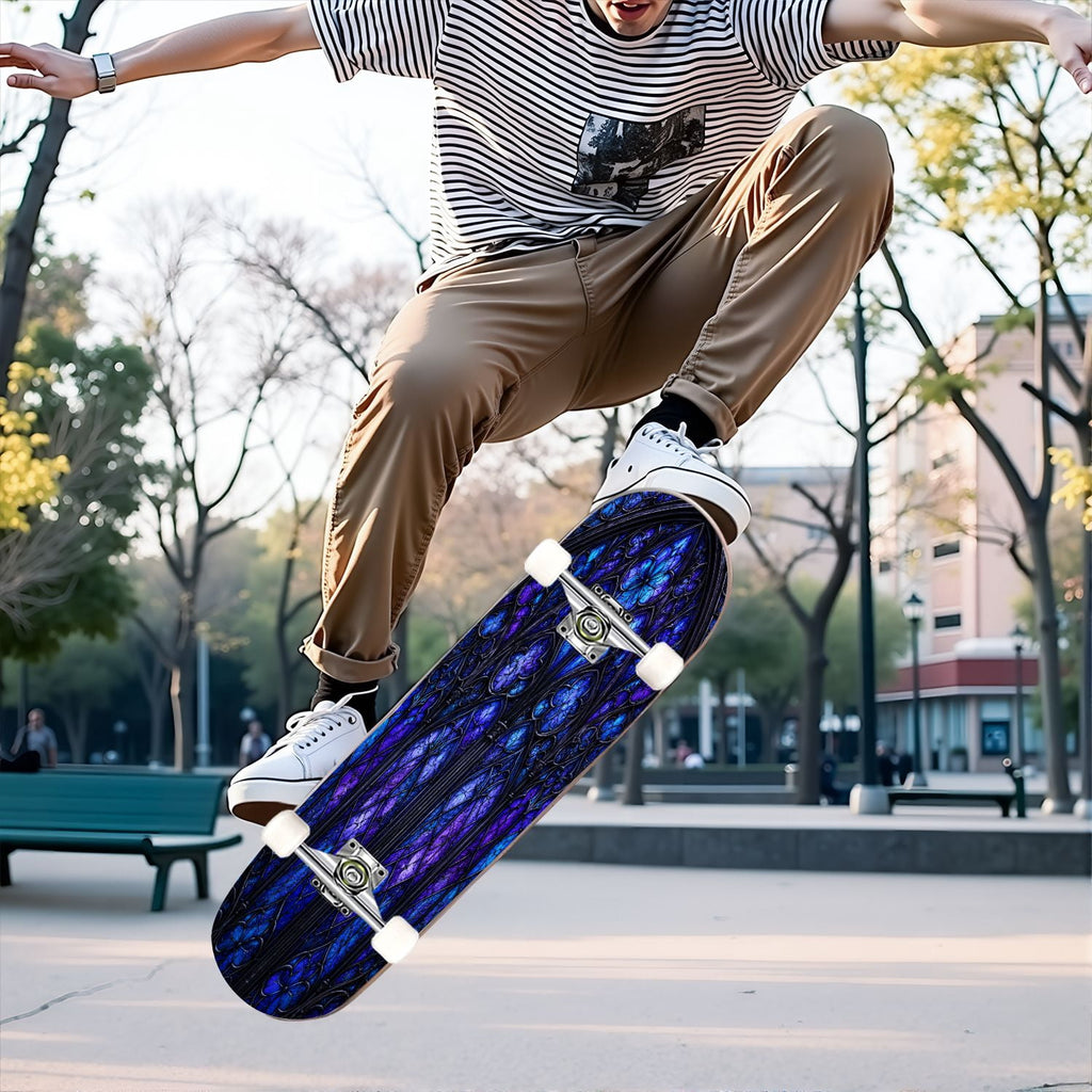 31"x8" Complete Skateboards for Beginners, Purple White Cosmos Flowers Butterflies Watercolor Double Kick 7 Ply Canadian Maple Deck Skateboard with Wheels, Gifts for Kids Teens