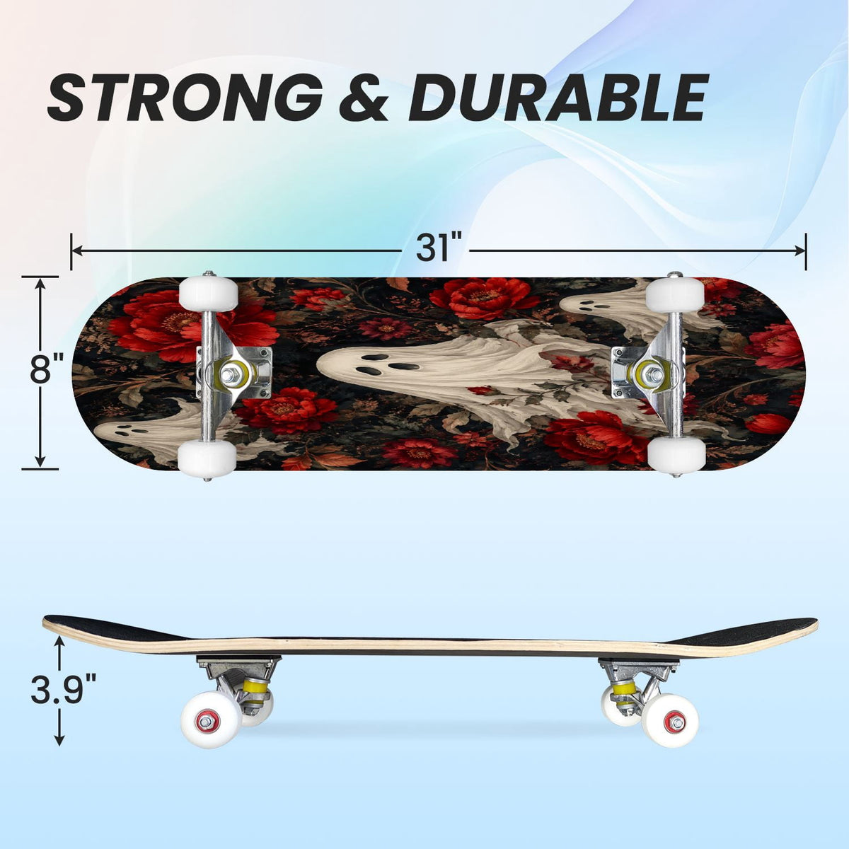 31"x8" Complete Skateboards for Beginners,Vintage Botanical Moth Autumn Leaves Mushrooms Double Kick 7 Ply Canadian Maple Deck Skateboard with Wheels, Gifts for Kids Teens