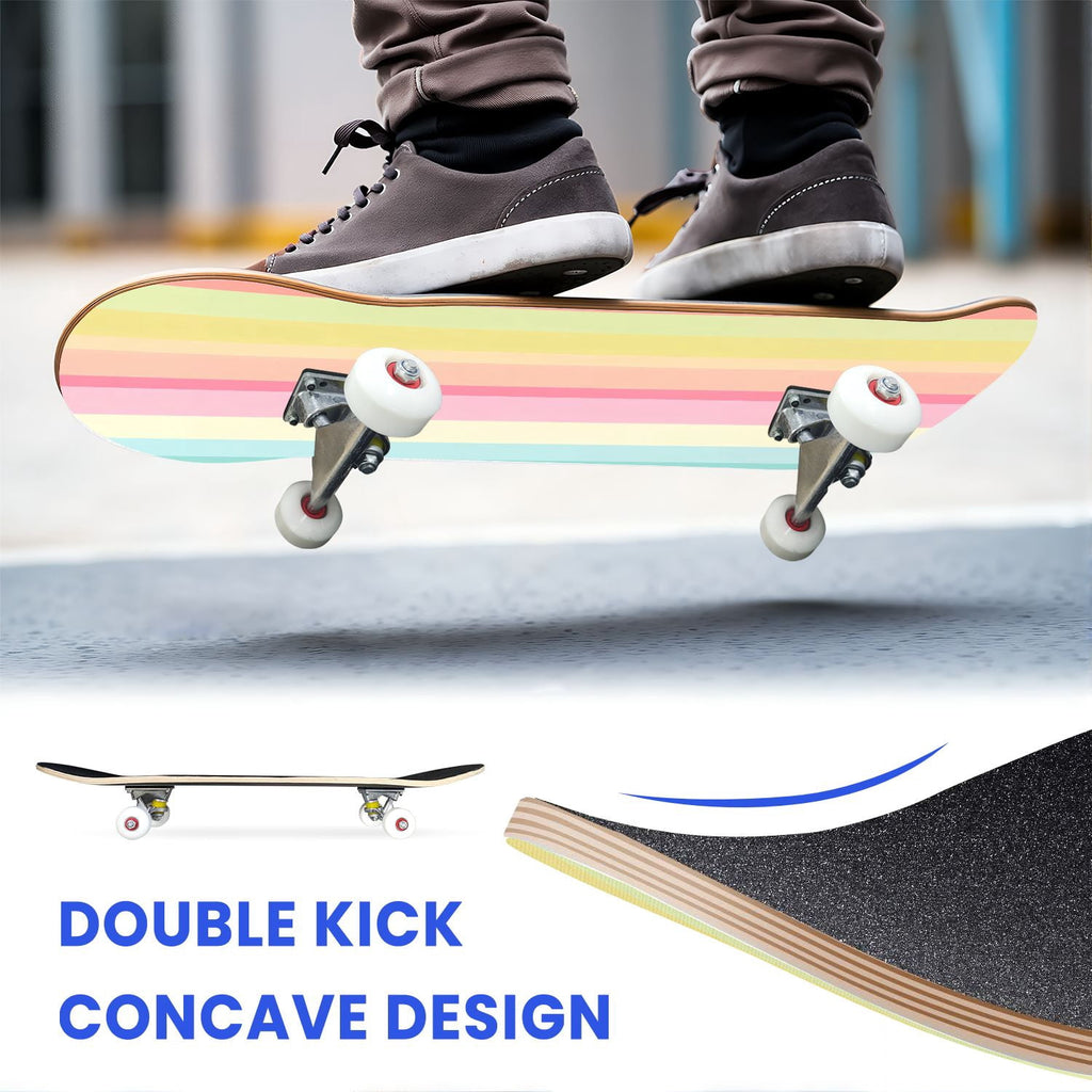 31"x8" Complete Skateboards for Beginners,Vibrant Diagonal Rainbow Gradient Abstract Art Double Kick 7 Ply Canadian Maple Deck Skateboard with Wheels, Gifts for Kids Teens