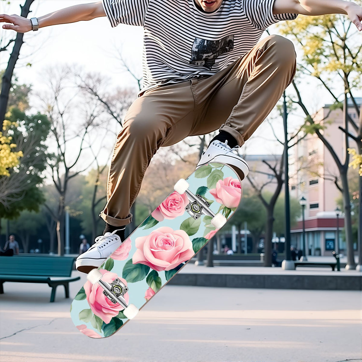 31"x8" Complete Skateboards for Beginners, Elegant Pink Red Roses Green Leaves Dark Double Kick 7 Ply Canadian Maple Deck Skateboard with Wheels, Gifts for Kids Teens