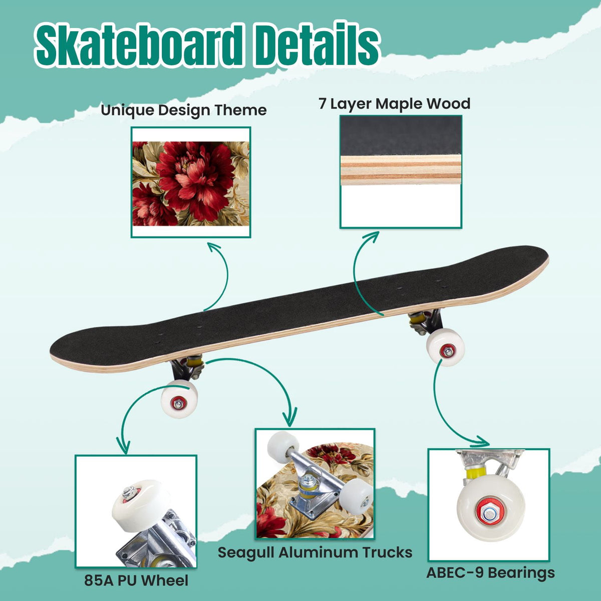 Elegant Purple Damask 31" x 8" Complete Skateboard, 7-Ply Canadian Maple Double Kick Trick Board for Kids and Beginners Adult Gifts