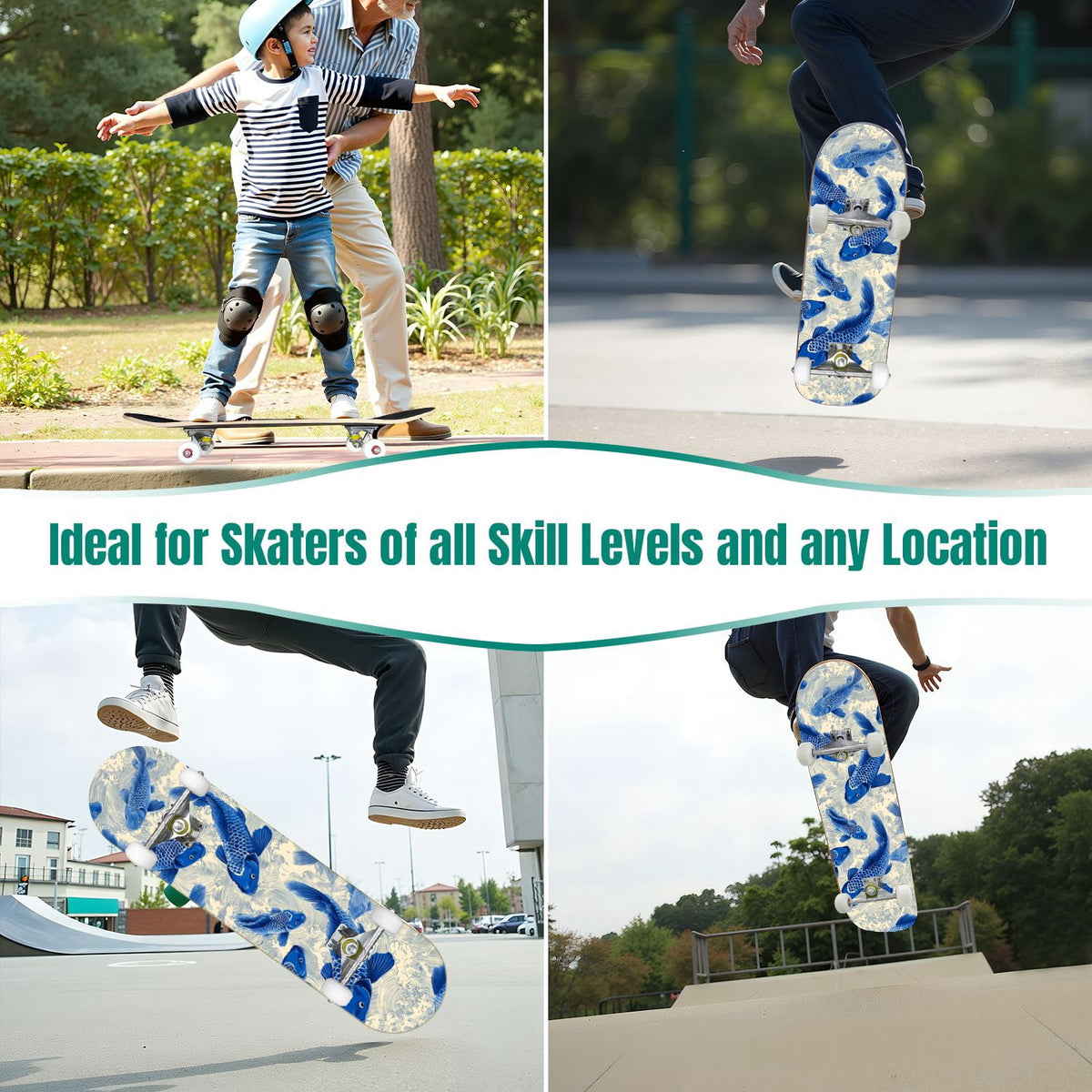 31"x8" Complete Skateboards for Beginners, Turquoise Flowers Teal Daisy Flower Butterfly Blue Romantic Double Kick 7 Ply Canadian Maple Deck Skateboard with Wheels, Gifts for Kids Teens