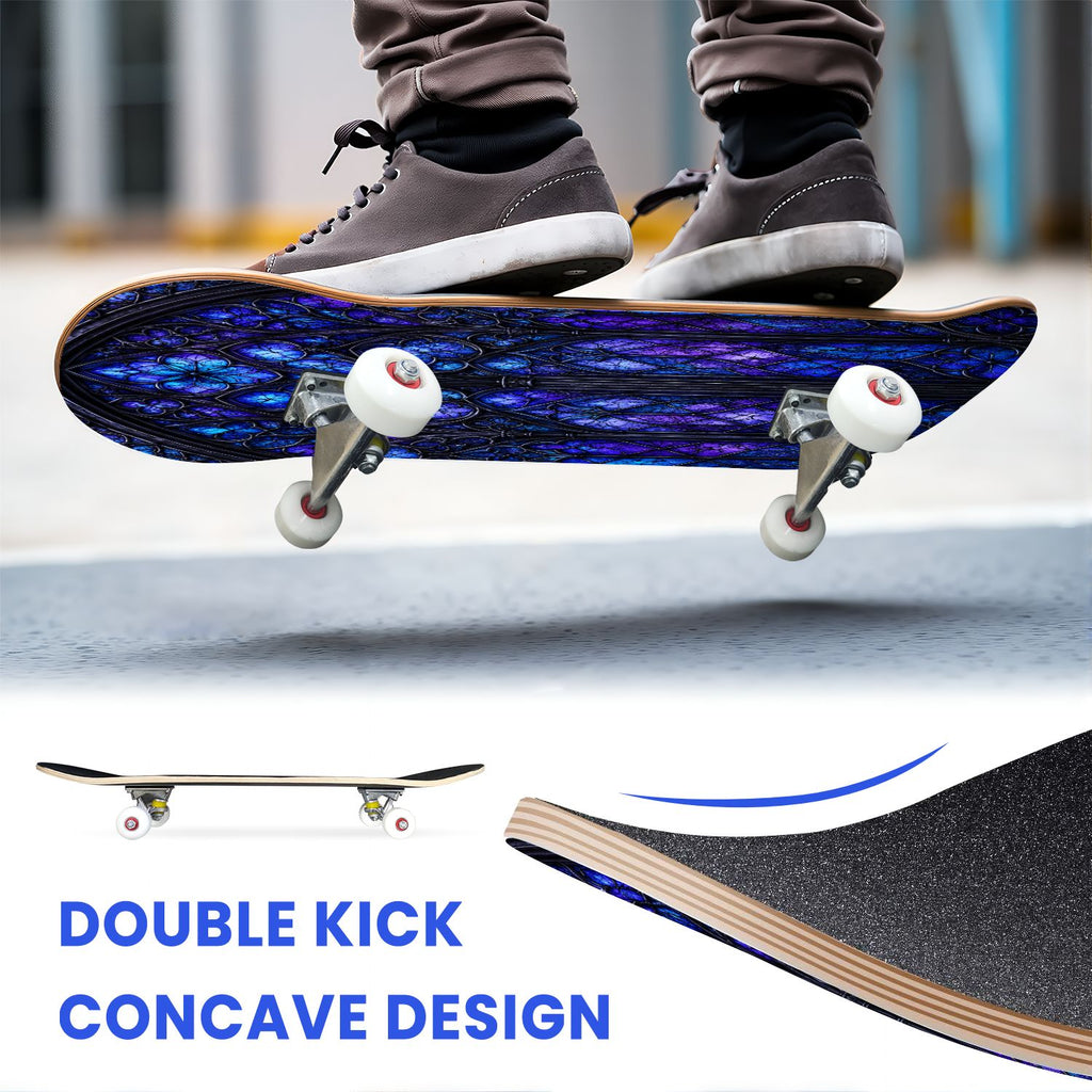 31"x8" Complete Skateboards for Beginners, Purple White Cosmos Flowers Butterflies Watercolor Double Kick 7 Ply Canadian Maple Deck Skateboard with Wheels, Gifts for Kids Teens