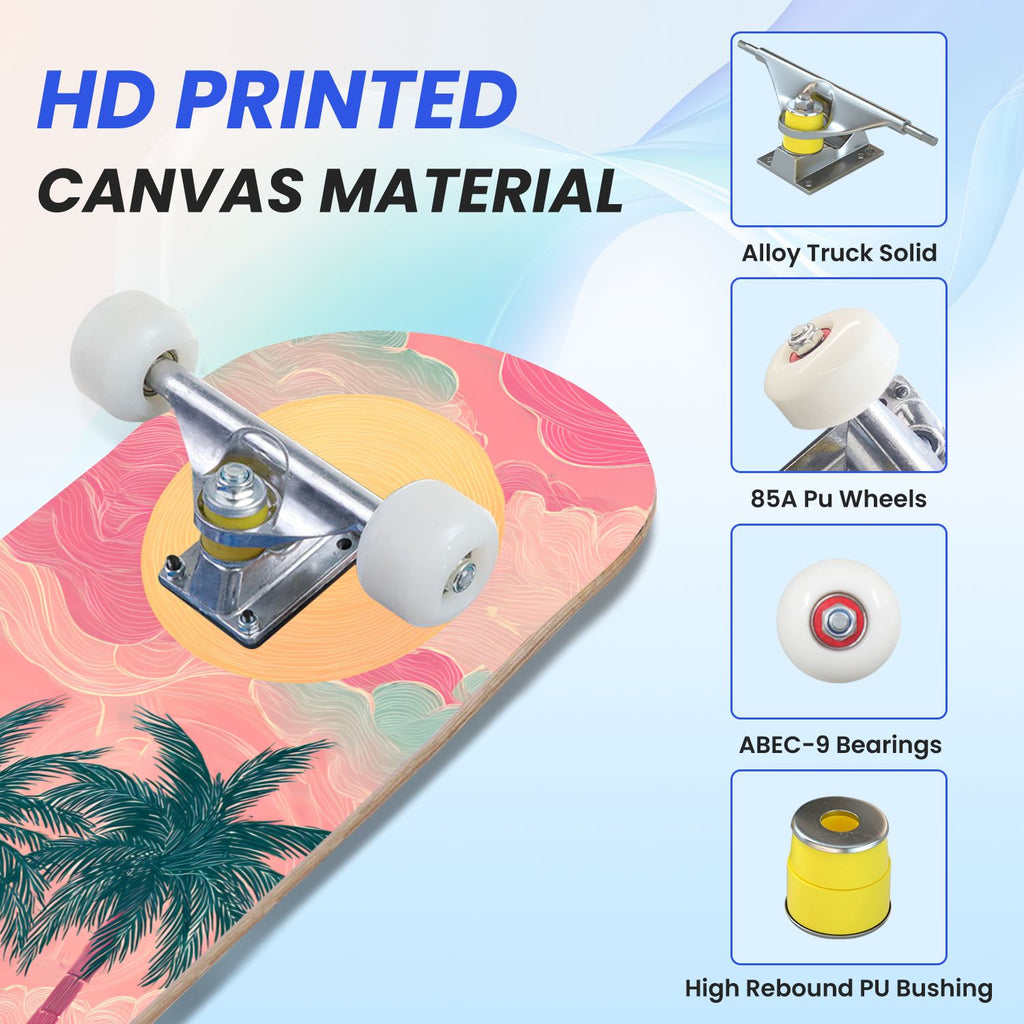 31"x8" Complete Skateboards for Beginners, Abstract Wavy Purple Beige Zebra Design Double Kick 7 Ply Canadian Maple Deck Skateboard with Wheels, Gifts for Kids Teens