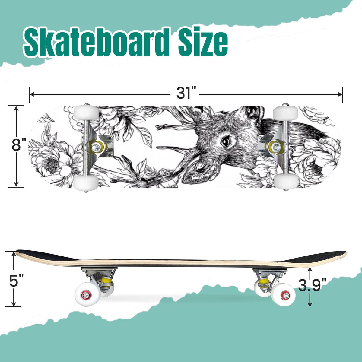 Starry Nebula Deep Blue Purple Tones Cosmic Clouds Stars 31" x 8" Complete Skateboard, 7-Ply Canadian Maple Double Kick Trick Board for Kids and Beginners Adult Gifts