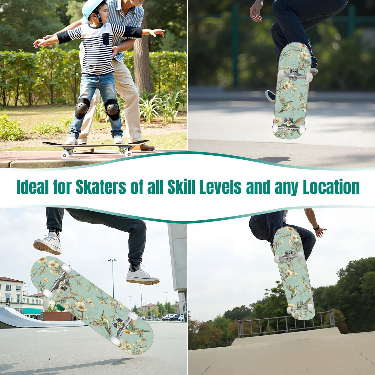 Vintage Movie Theater Classic Cinema 31" x 8" Complete Skateboard, 7-Ply Canadian Maple Double Kick Trick Board for Kids and Beginners Adult Gifts