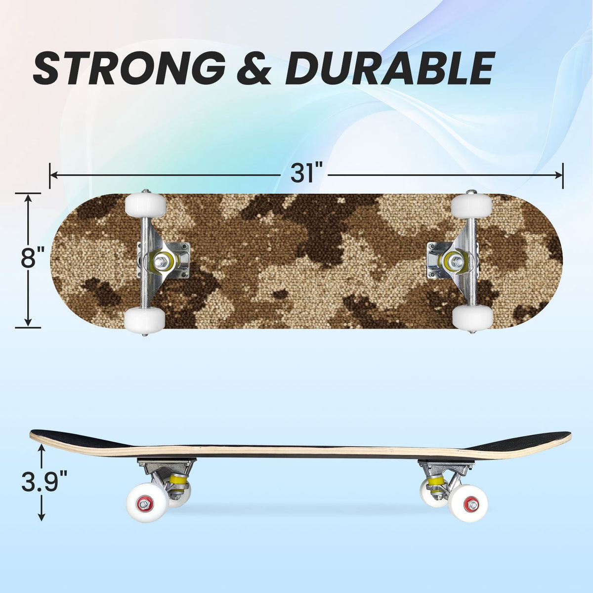 31"x8" Complete Skateboards for Beginners,Desert Camouflage Beige Tan Cream Organic Abstract Shapes Double Kick 7 Ply Canadian Maple Deck Skateboard with Wheels, Gifts for Kids Teens