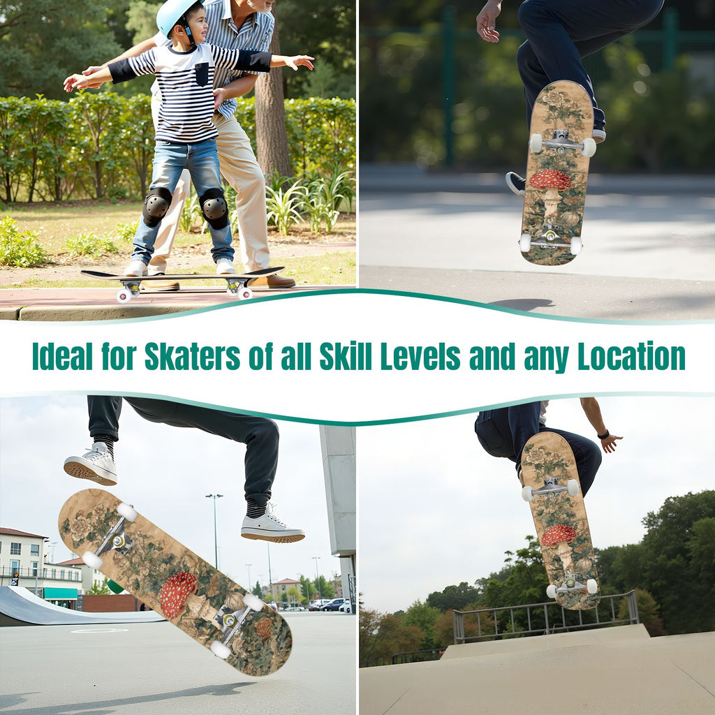 31"x8" poisous plants Mushroom Complete Skateboard for Beginners hand colored vintage retro 7 Layer Maple Deck Double Kick Kids Skateboard with 85A PU Wheels Gifts for Kids Teens
