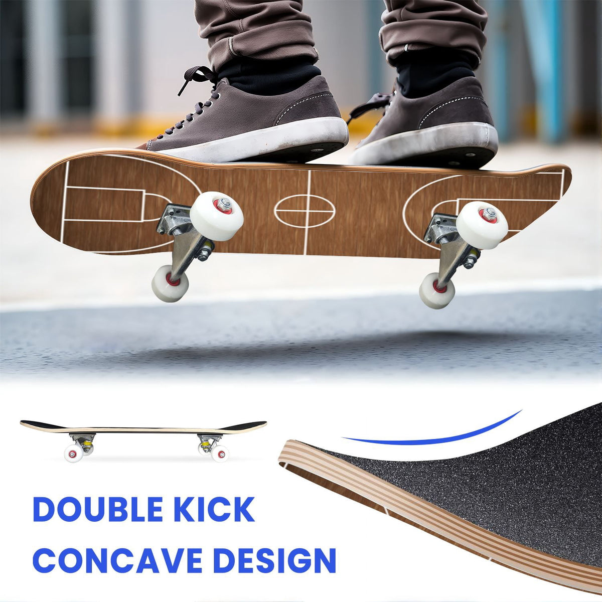 31"x8" Complete Skateboards for Beginners,Vintage Baseball Worn Red Stitches Rustic Double Kick 7 Ply Canadian Maple Deck Skateboard with Wheels, Sports Gifts for Kids Teens