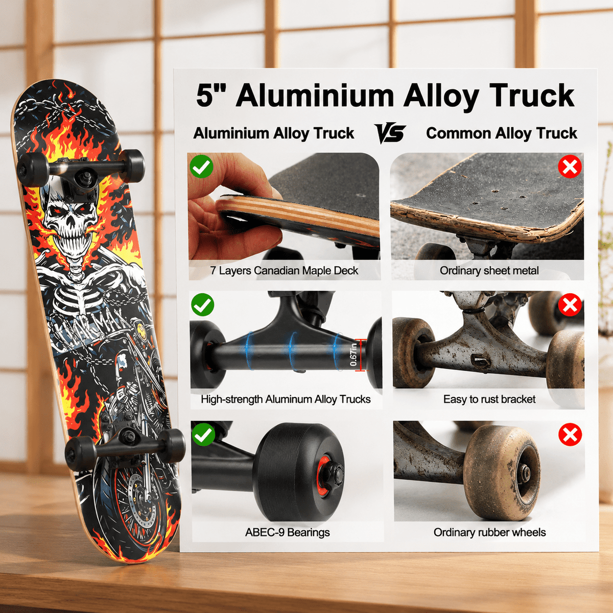 Vivid Standard Complete Skateboard for Beginners Adults Teens, 7 Layer Canadian Maple, Double Kick Concave
