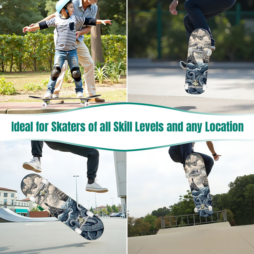 31"x8" Complete Skateboards for Beginners, Blue Deep Sea Sailing Ship Octopus Lighthouse Clouds Ocean Double Kick 7 Ply Canadian Maple Deck Skateboard with Wheels, Gifts for Kids Teens