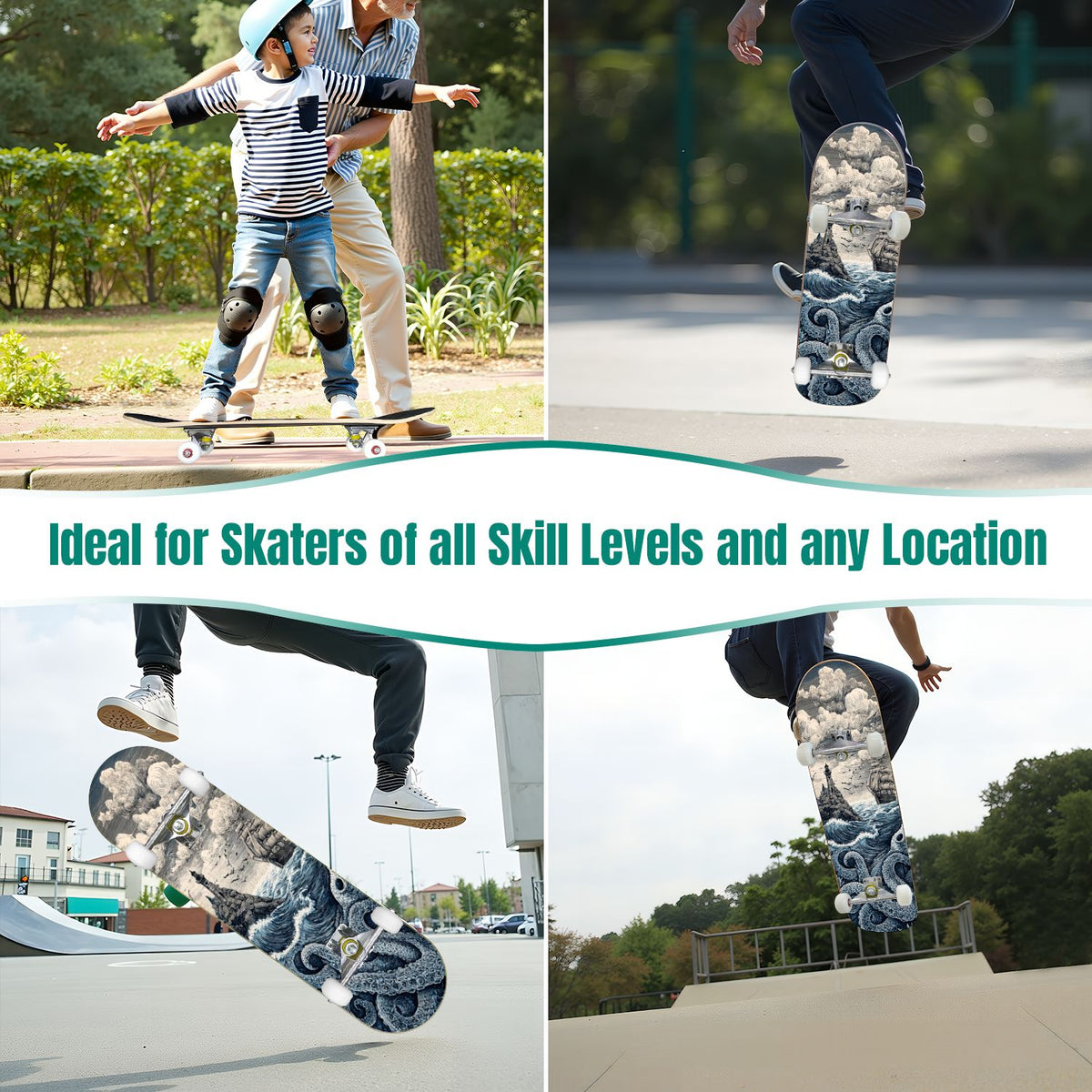 31"x8" Complete Skateboards for Beginners, Blue Deep Sea Sailing Ship Octopus Lighthouse Clouds Ocean Double Kick 7 Ply Canadian Maple Deck Skateboard with Wheels, Gifts for Kids Teens