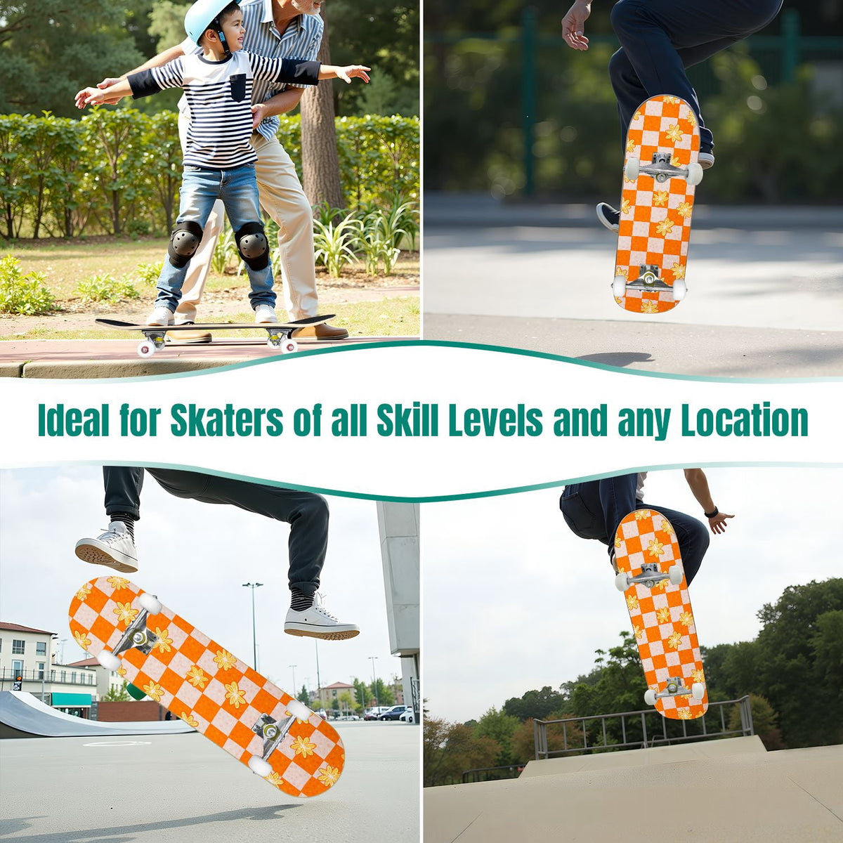 31"x8" Complete Skateboards for Beginners,Light Green White Gingham Checkered Double Kick 7 Ply Canadian Maple Deck Skateboard with Wheels, Gifts for Kids Teens