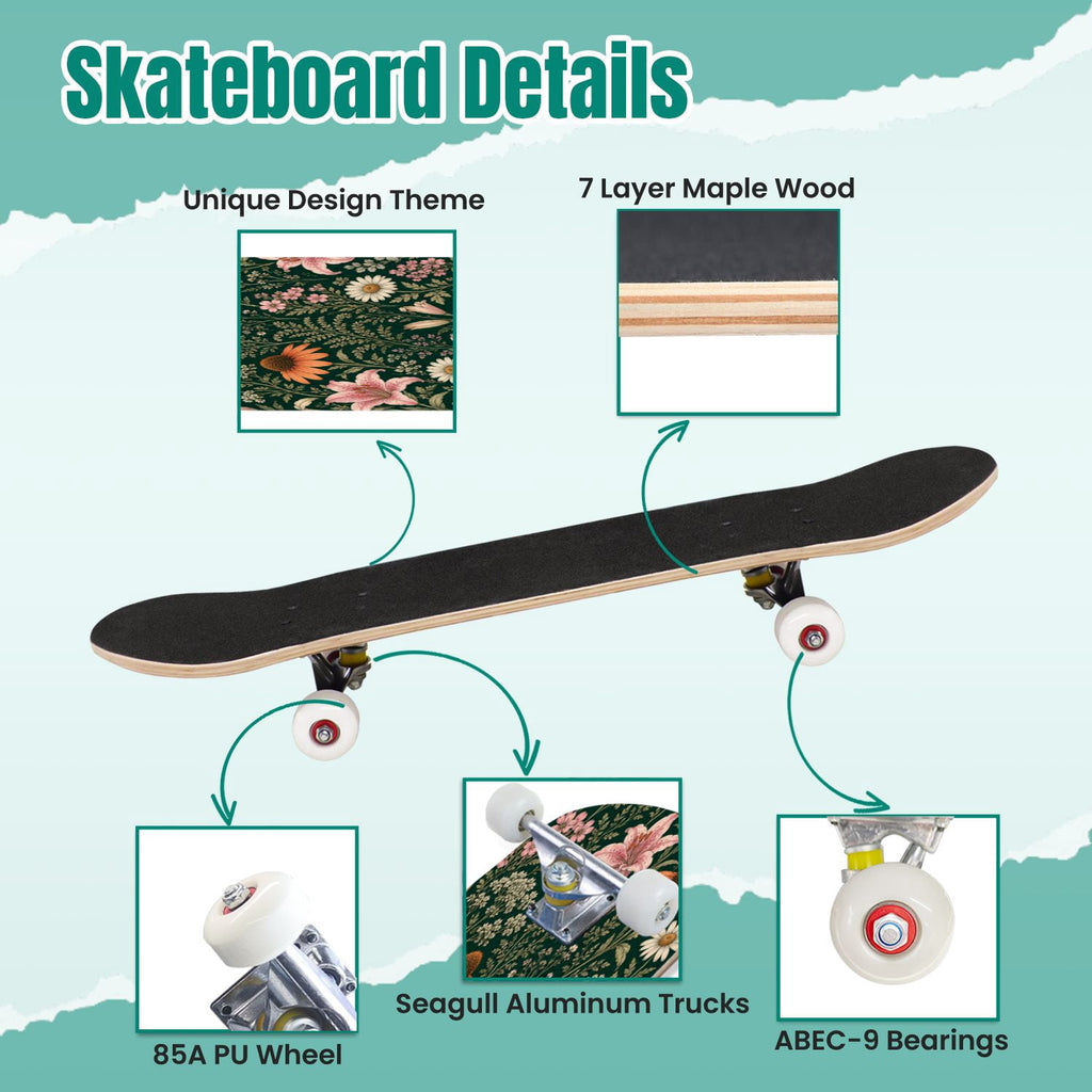 Forest Tree Wood Green Pine Trees Autumn Leaves Fog Misty 31" x 8" Complete Skateboard, 7-Ply Canadian Maple Double Kick Trick Board for Kids and Beginners Adult Gifts