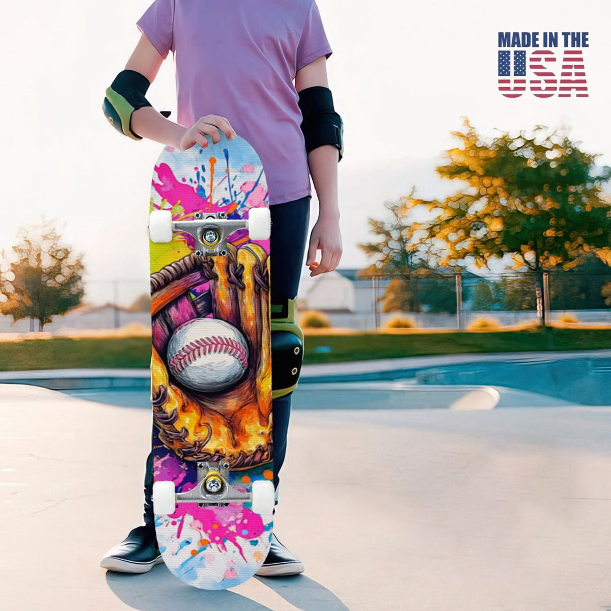 31"x8" Complete Skateboards for Beginners,Vintage Baseball Worn Red Stitches Rustic Double Kick 7 Ply Canadian Maple Deck Skateboard with Wheels, Sports Gifts for Kids Teens
