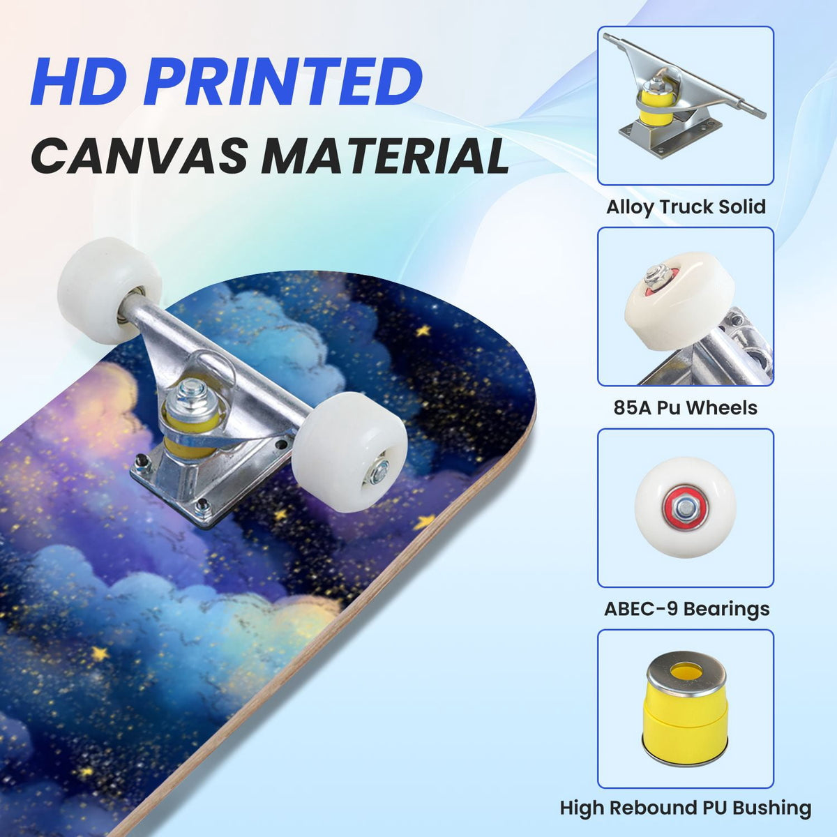 31"x8" Complete Skateboards for Beginners, Pastel Clouds Sparkles Dreamy Gradient Sky Summer Decor Double Kick 7 Ply Canadian Maple Deck Skateboard with Wheels, Gifts for Kids Teens