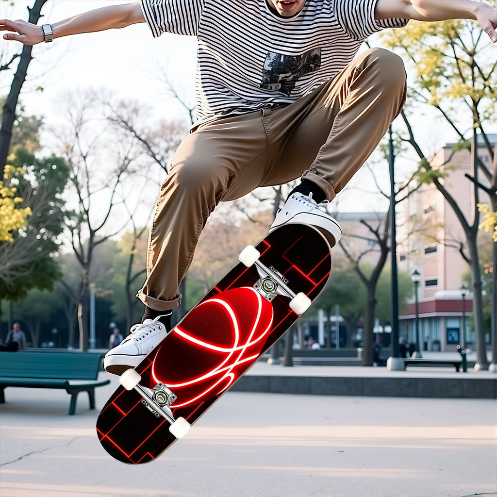 31"x8" Complete Skateboards for Beginners, Honeycomb Futuristic Hexagonal Neon Glowing Orange Light Double Kick 7 Ply Canadian Maple Deck Skateboard with Wheels, Gifts for Kids Teens