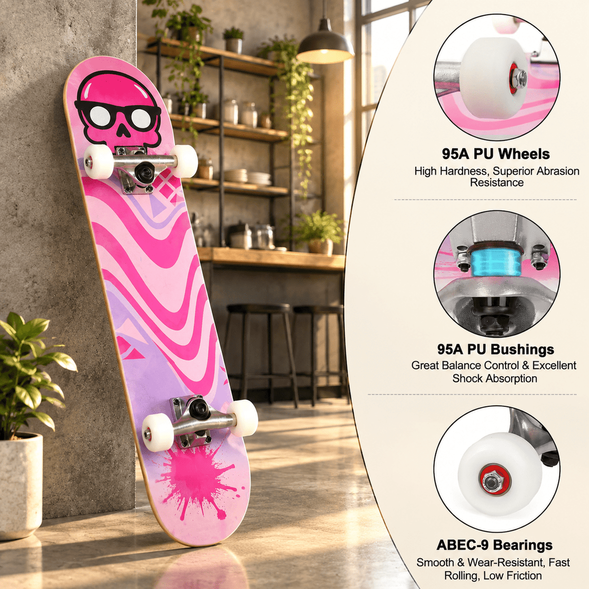 Checkerbot 31"x8" Standard Complete Skateboard with 7 Layer Canadian Maple for Beginners Adults Teens