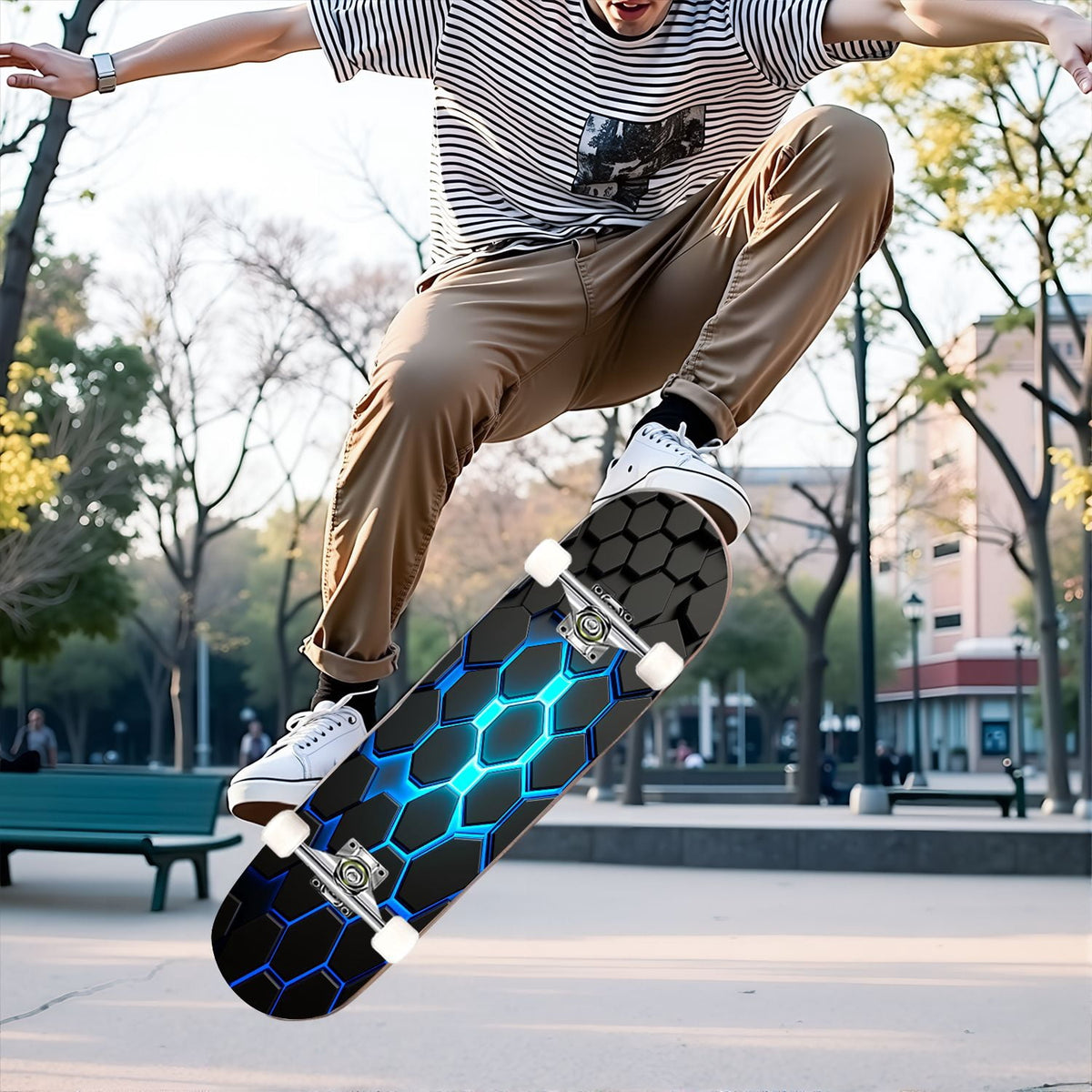31"x8" Complete Skateboards for Beginners, Abstract Black Hexagon Honeycomb Glowing Blue Neon Geometric Double Kick 7 Ply Canadian Maple Deck Skateboard with Wheels, Gifts for Kids Teens