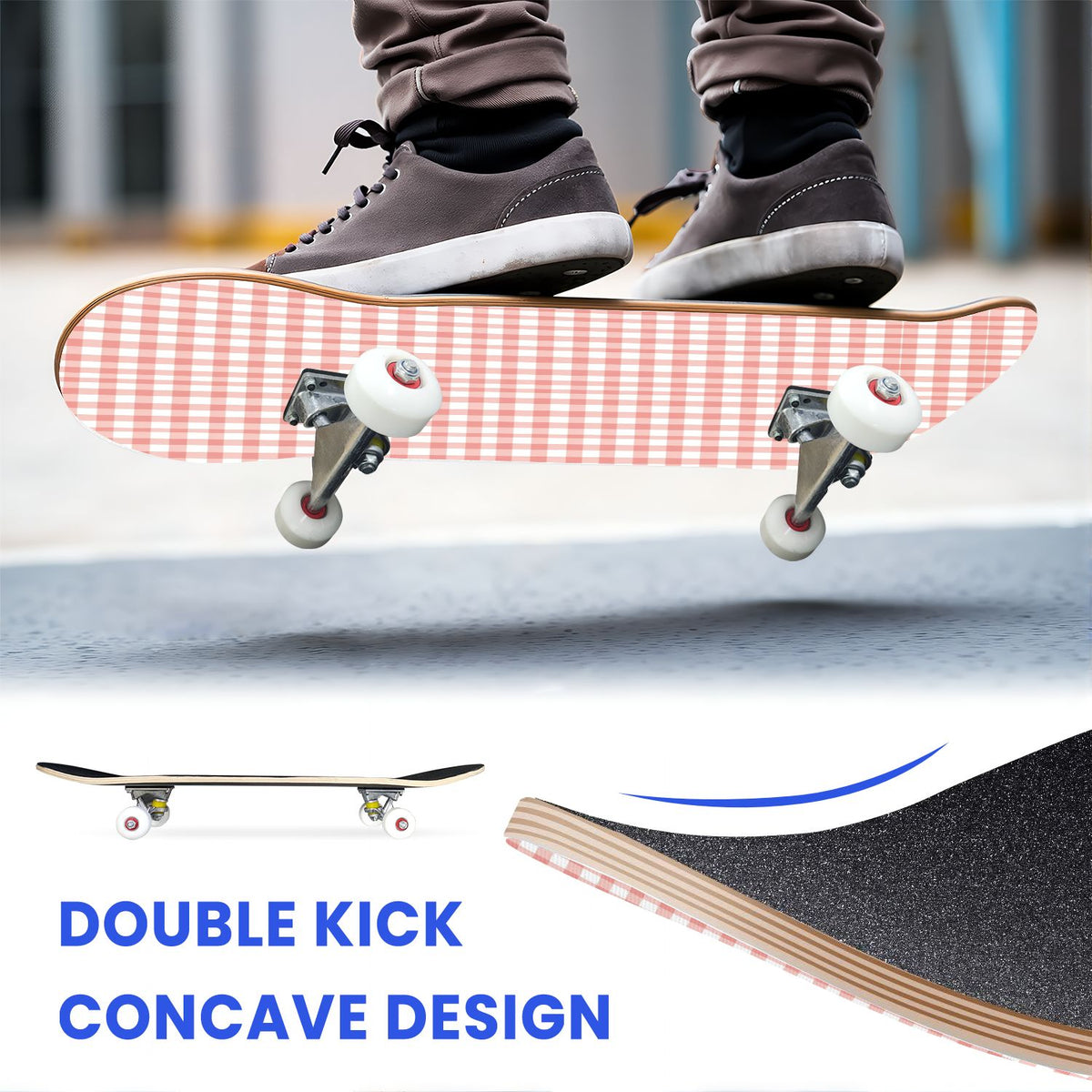 31"x8" Complete Skateboards for Beginners, Pink Floral Ribbon Roses Bows White Double Kick 7 Ply Canadian Maple Deck Skateboard with Wheels, Gifts for Girls Teens