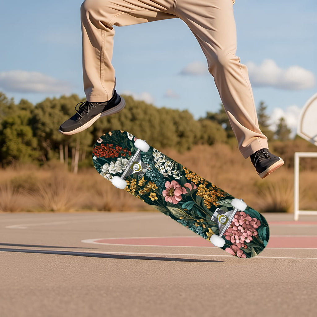 Botanical Embroidery Golden Green Leaves Black 31" x 8" Complete Skateboard, 7-Ply Canadian Maple Double Kick Trick Board for Kids and Beginners Adult Gifts