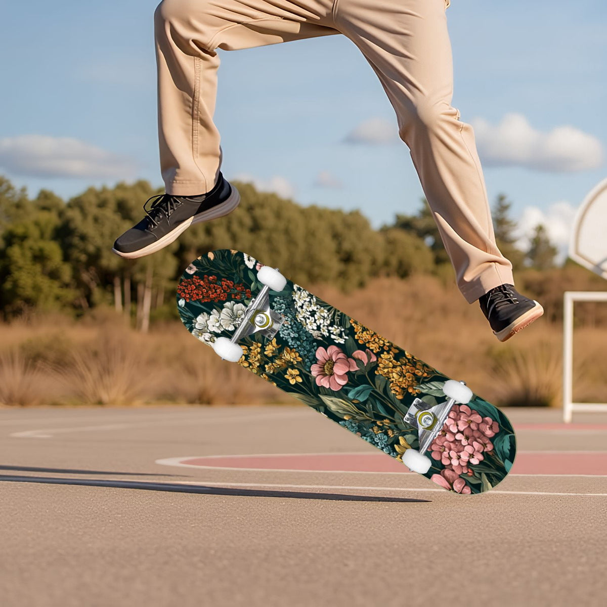 Botanical Embroidery Golden Green Leaves Black 31" x 8" Complete Skateboard, 7-Ply Canadian Maple Double Kick Trick Board for Kids and Beginners Adult Gifts