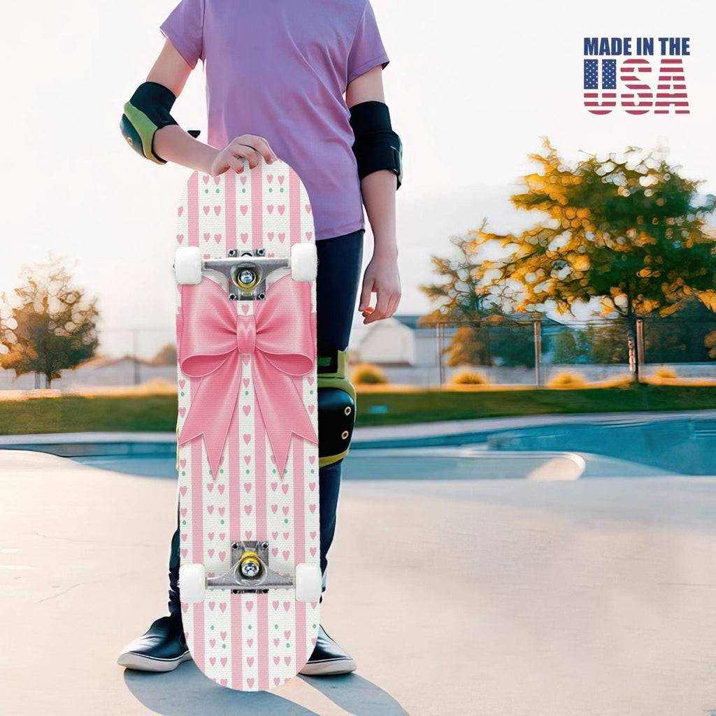 31"x8" Complete Skateboards for Beginners, Pink Bow Heart Vertical Stripes Romantic Double Kick 7 Ply Canadian Maple Deck Skateboard with Wheels, Gifts for Kids Teens