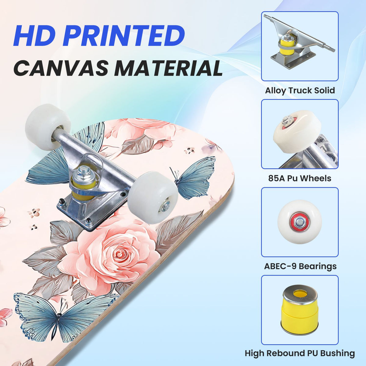 31"x8" Complete Skateboards for Beginners, Elegant Floral Pink Roses Blue Butterflies Double Kick 7 Ply Canadian Maple Deck Skateboard with Wheels, Gifts for Kids Teens