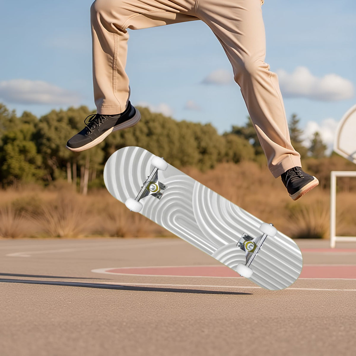 Beige Waves Flowing Lines 3D Effect 31" x 8" Complete Skateboard, 7-Ply Canadian Maple Double Kick Trick Board for Kids and Beginners Adult Gifts