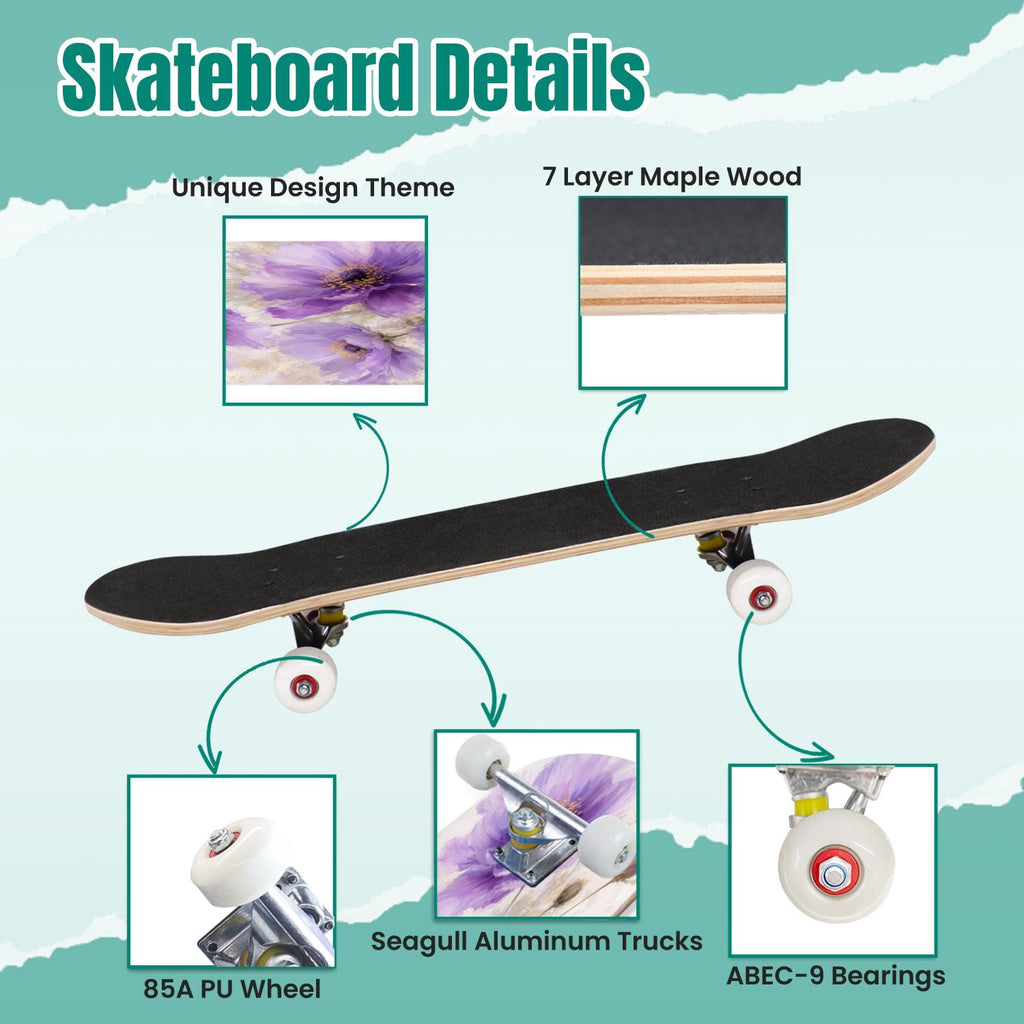 Abstract Geometric Curved Shapes Earthy Tones 31" x 8" Complete Skateboard, 7-Ply Canadian Maple Double Kick Trick Board for Kids and Beginners Adult Gifts