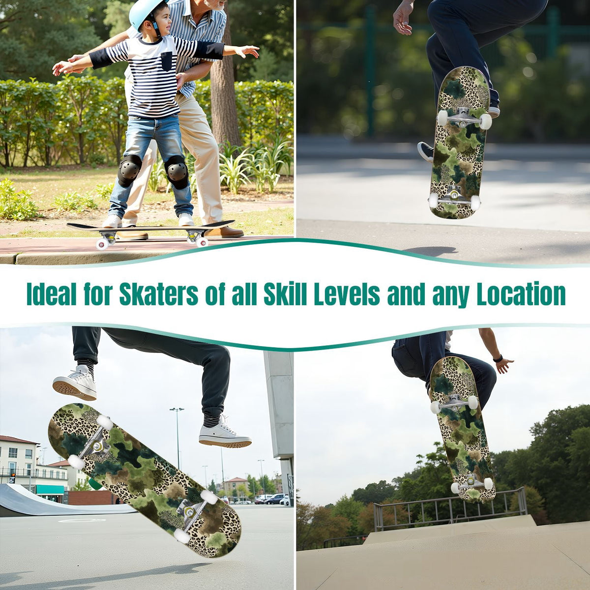 31"x8" Complete Skateboards for Beginners,Abstract Natural Earthy Tones Brush Strokes Camouflage Double Kick 7 Ply Canadian Maple Deck Skateboard with Wheels, Gifts for Kids Teens