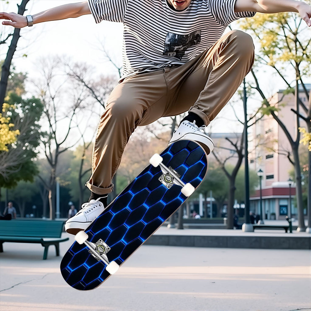 31"x8" Complete Skateboards for Beginners, Abstract Geometric Vibrant Neon Line Accents Dark Futuristic Double Kick 7 Ply Canadian Maple Deck Skateboard with Wheels, Gifts for Boys Teens