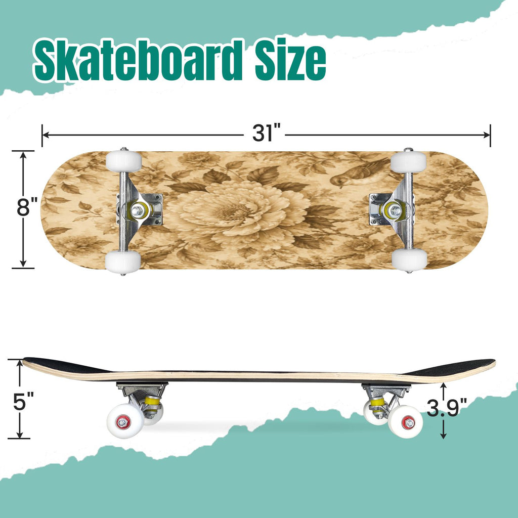 3D Nude Visual Effect Yellowish Brown Layered Chrysanthemum 31" x 8" Complete Skateboard, 7-Ply Canadian Maple Double Kick Trick Board for Kids and Beginners Adult Gifts