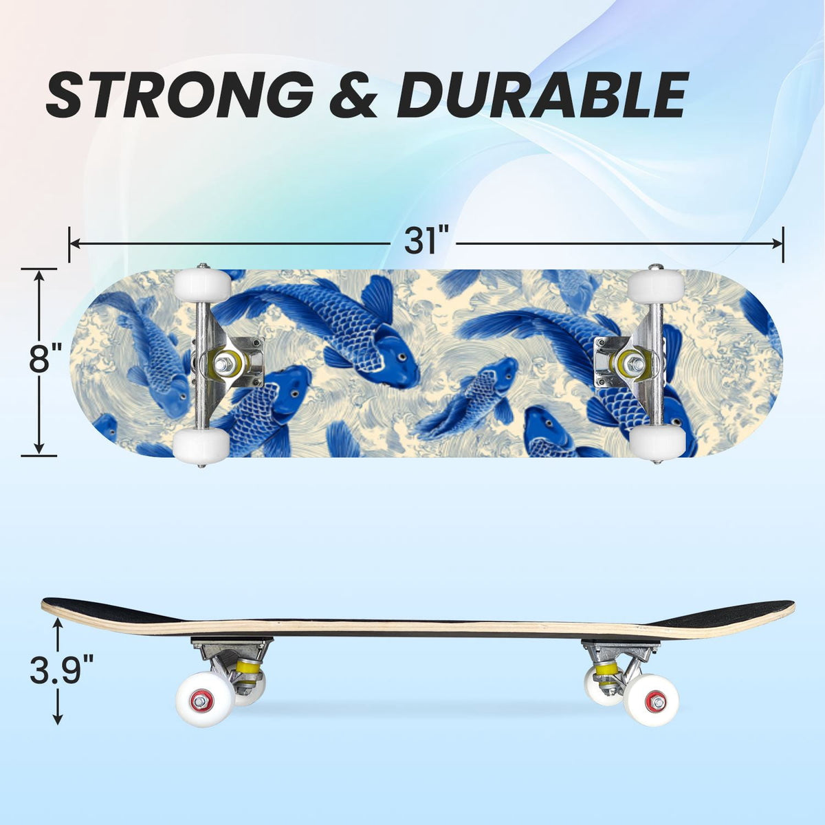 31"x8" Complete Skateboards for Beginners, Turquoise Flowers Teal Daisy Flower Butterfly Blue Romantic Double Kick 7 Ply Canadian Maple Deck Skateboard with Wheels, Gifts for Kids Teens
