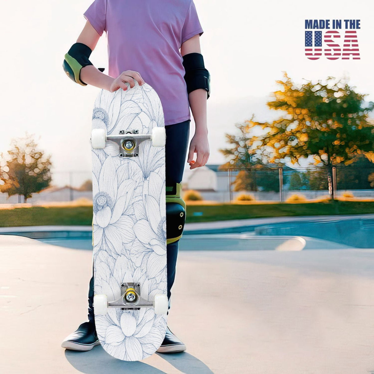 31"x8" Complete Skateboards for Beginners,Blue Botanical Leaf White Double Kick 7 Ply Canadian Maple Deck Skateboard with Wheels, Gifts for Kids Teens