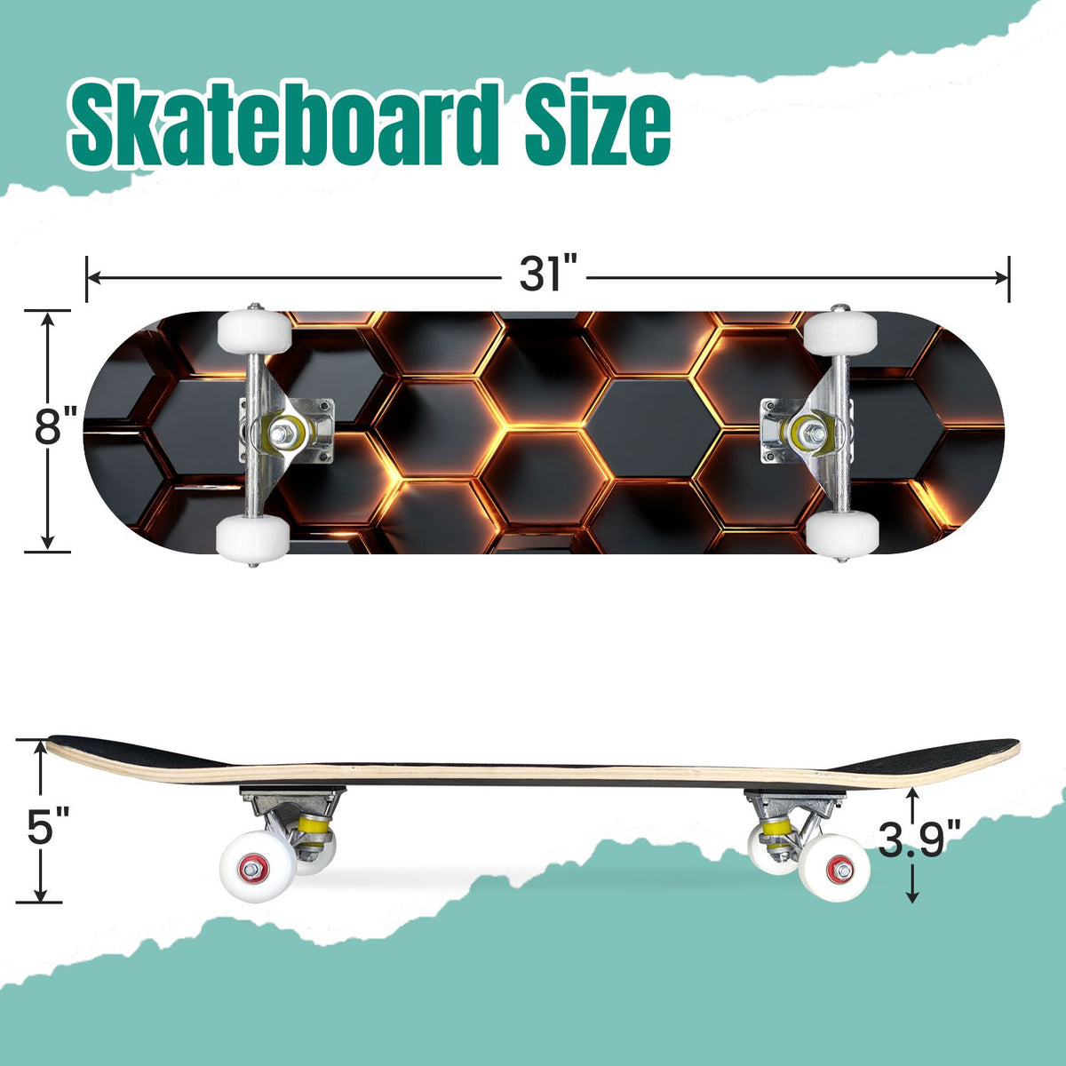 Futuristic Hexagonal Metallic Blue Glowing Orange Highlights 31" x 8" Complete Skateboard, 7-Ply Canadian Maple Double Kick Trick Board for Kids and Beginners Adult Gifts
