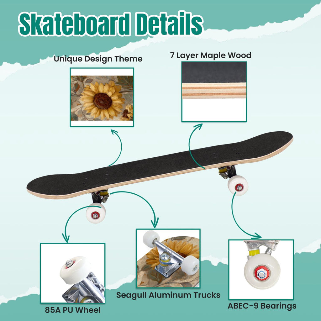 Autumn Forest Camouflage Oak Leaves Tree Branches 31" x 8" Complete Skateboard, 7-Ply Canadian Maple Double Kick Trick Board for Kids and Beginners Adult Gifts
