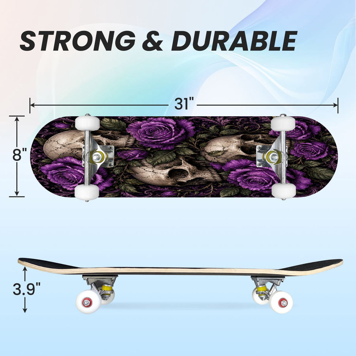 31"x8" Complete Skateboards for Beginners,Vintage Botanical Skull Flowers Elements Dark Double Kick 7 Ply Canadian Maple Deck Skateboard with Wheels, Gifts for Kids Teens