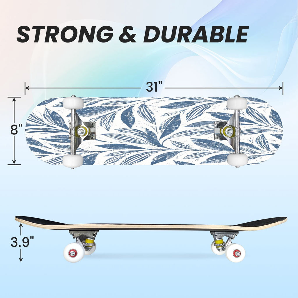 31"x8" Complete Skateboards for Beginners,Blue White Toile Rabbits Birds Floral Motifs Double Kick 7 Ply Canadian Maple Deck Skateboard with Wheels, Gifts for Kids Teens