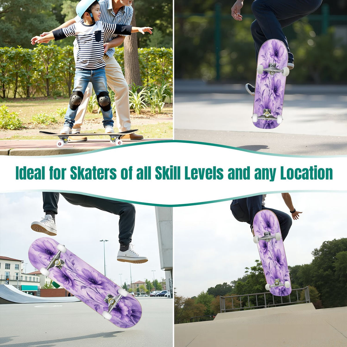 31"x8" Complete Skateboards for Beginners, Colorful Mushroom Floral Magical Night Forest Vintage Double Kick 7 Ply Canadian Maple Deck Skateboard with Wheels, Gifts for Kids Teens