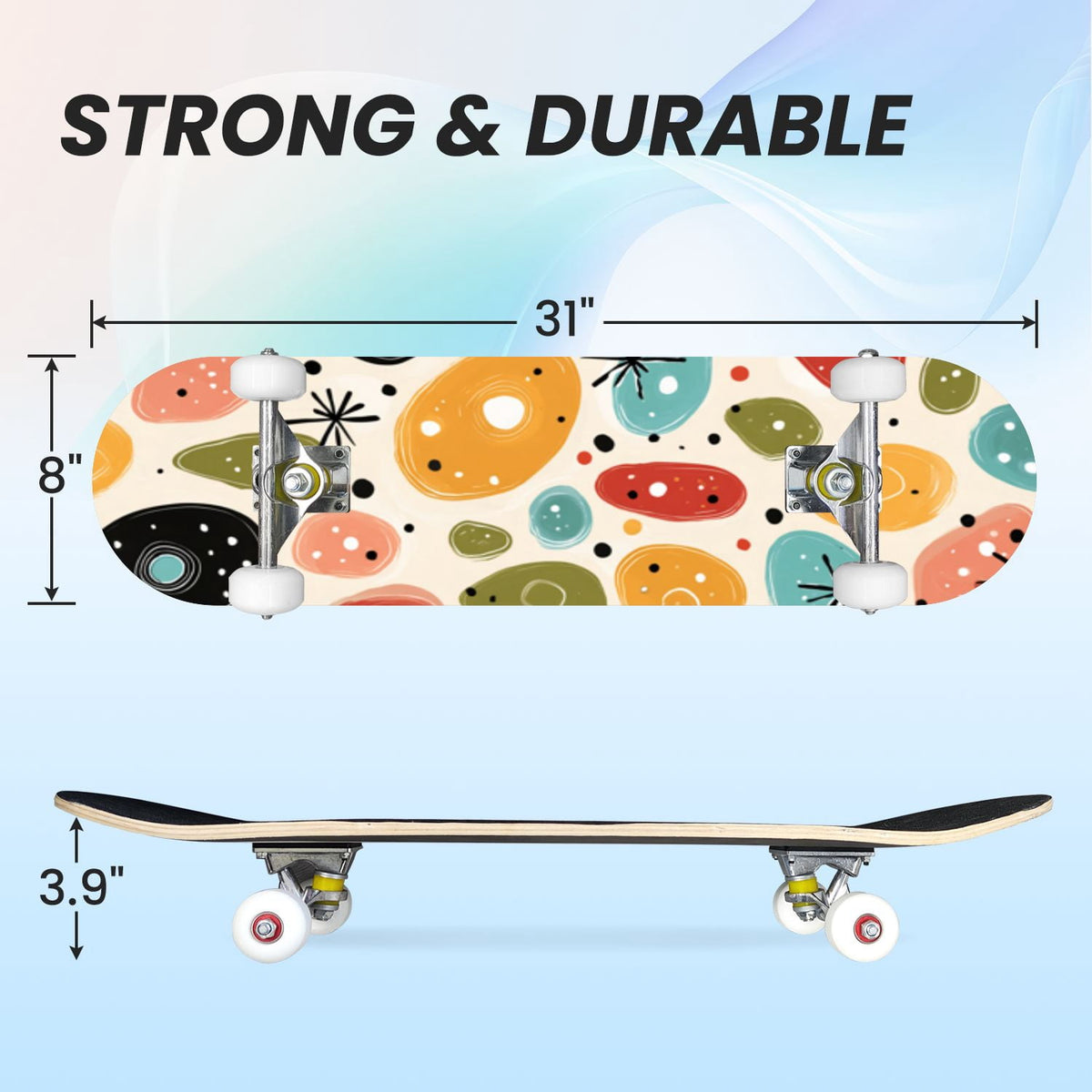 31"x8" Complete Skateboards for Beginners,Cartoon Hand Drawn Ice Cream Doodles Seamless Cones Cupcakes Double Kick 7 Ply Canadian Maple Deck Skateboard with Wheels, Gifts for Kids Teens
