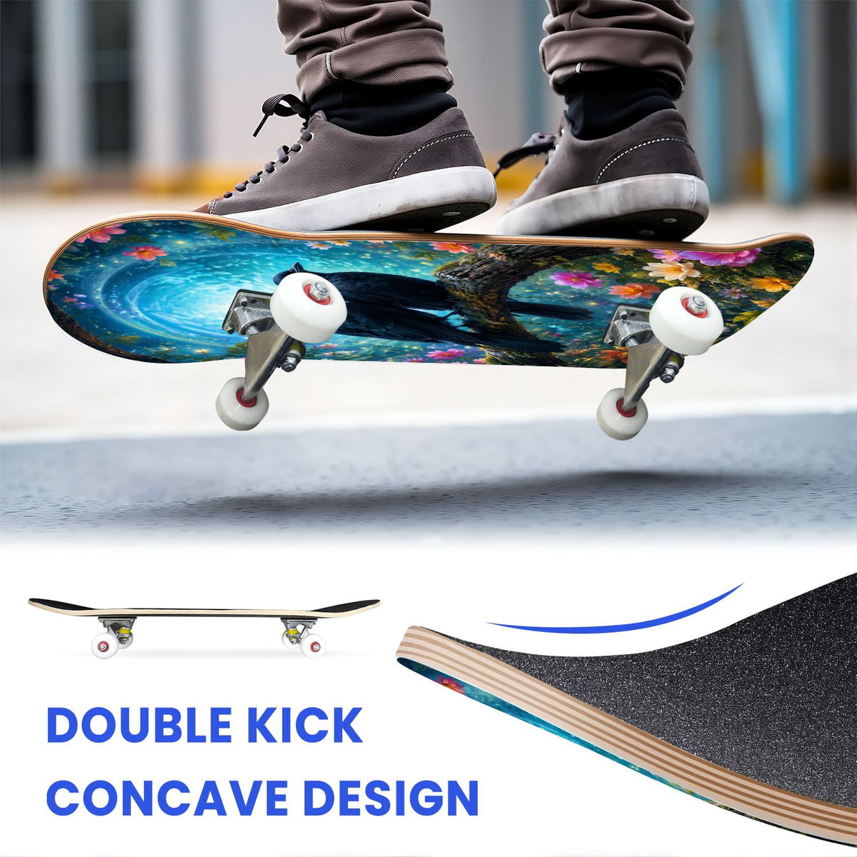 31"x8" Complete Skateboards for Beginners,Vintage Botanical Moth Autumn Leaves Mushrooms Double Kick 7 Ply Canadian Maple Deck Skateboard with Wheels, Gifts for Kids Teens