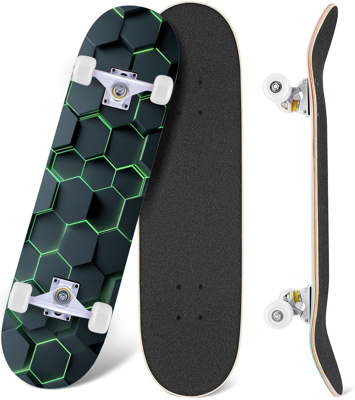 Futuristic Hexagonal Metallic Blue Glowing Orange Highlights 31" x 8" Complete Skateboard, 7-Ply Canadian Maple Double Kick Trick Board for Kids and Beginners Adult Gifts